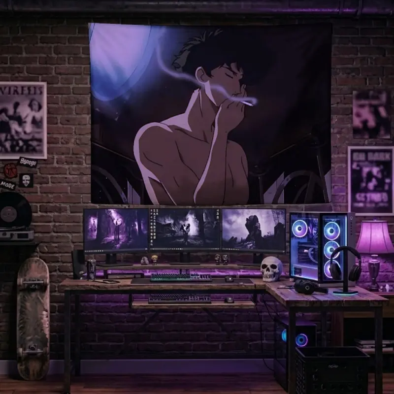 Cowboy Bebop Spike Spiegel Smoking Polyester Decorative Tapestry Dark Anime Character Silhouette Window Wall Hanging Cool Sad Vibe Gaming Room Bedroom Dorm Decor Boy Cave Background Banner