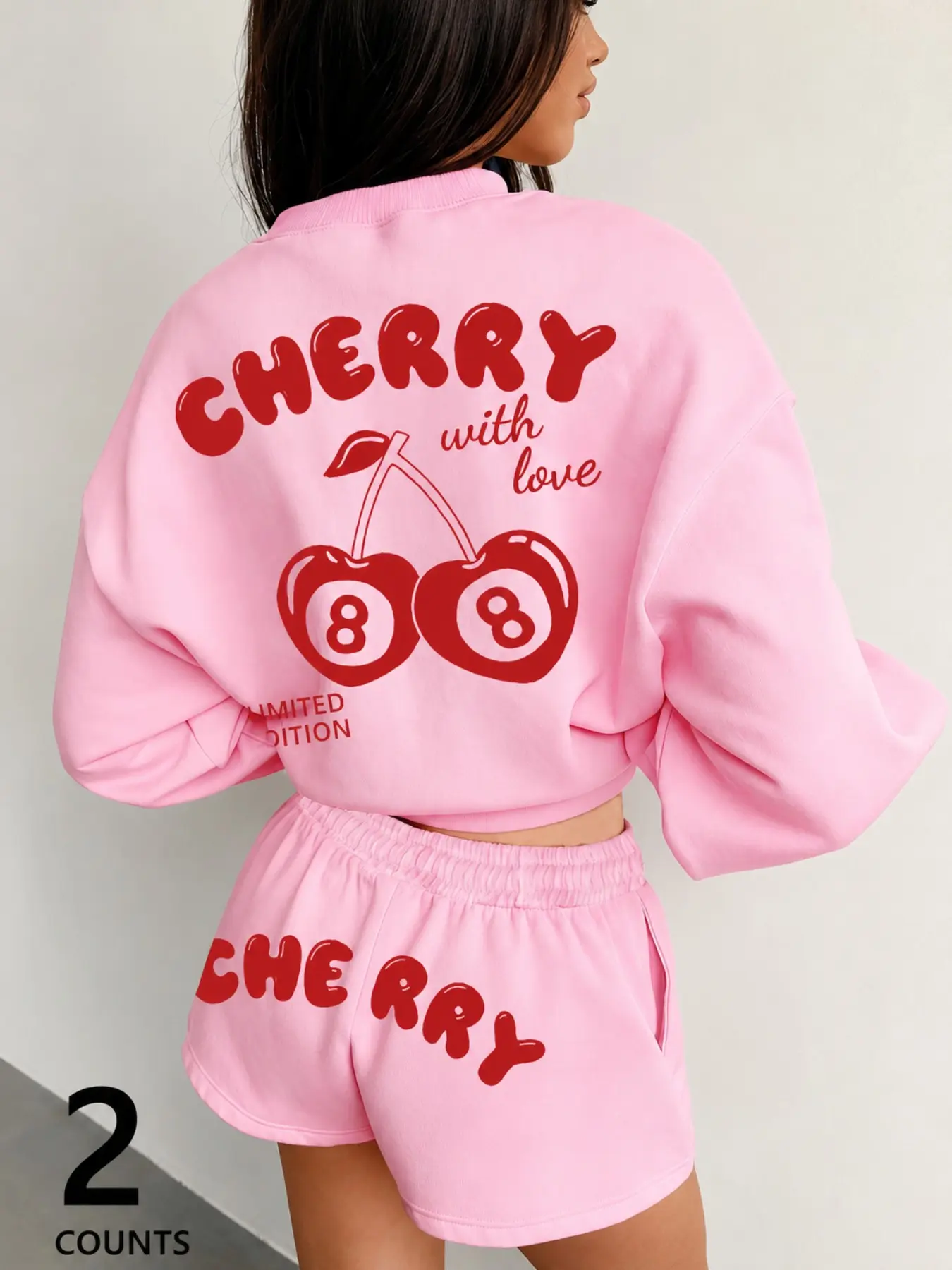 Women’s Cherry Graphic Sweatshirt and Shorts 2 Piece Set, Pink Oversized Pullover Top with Matching Shorts for Y2K High Street, Coffee Run, Festival, Weekend, Casual and Daily Streetwear