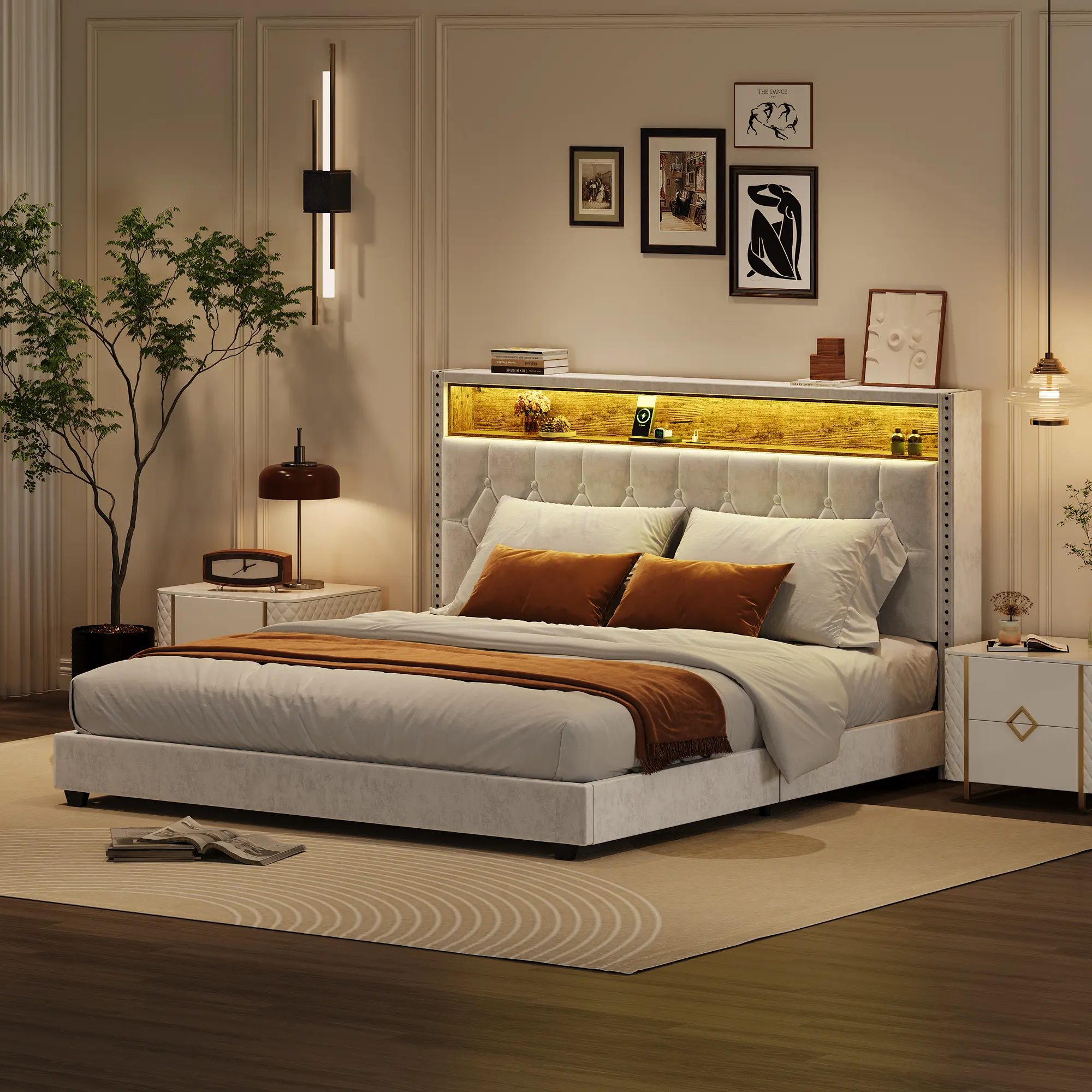 Queen Size Soft Upholstered Bed with LED Strip and Charging Ports, Wingback Button Tufted Fabric Platform Bed, Easy Assembly Modern Bedroom Furniture Beige