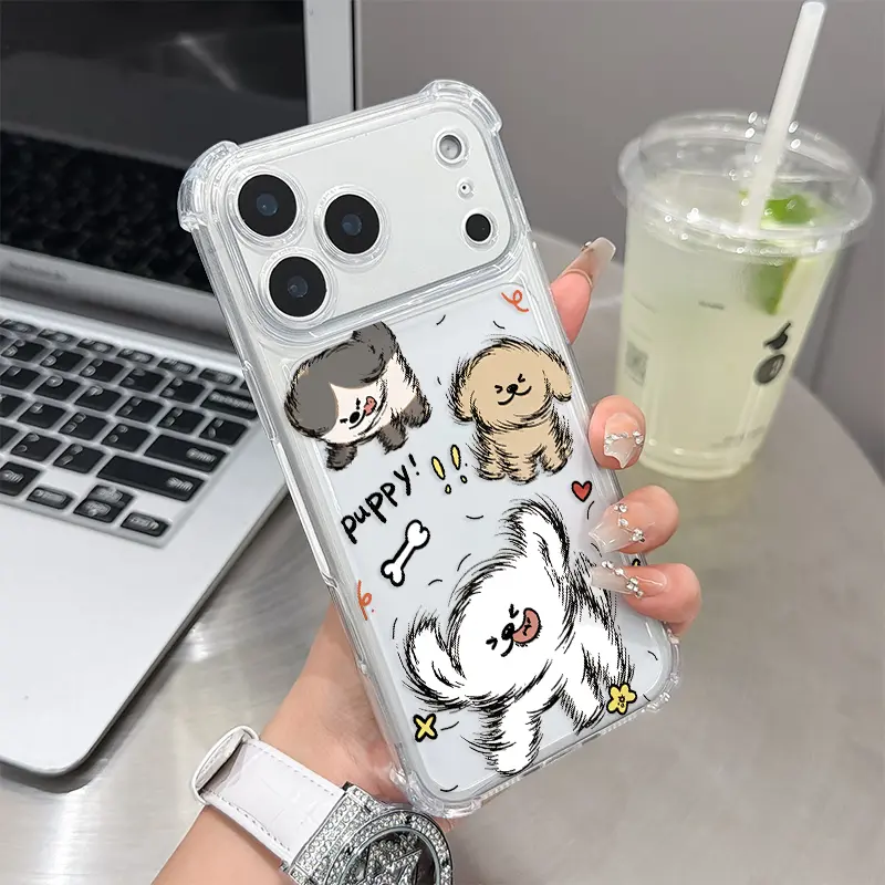 Phone Case for iPhone 17 Air 16 E 15 14 13 12 Pro Max Plus 11 Playful Puppy Delight Pattern Four Corner Airbag Anti-Collision Protection Smartphone Transparent Anti-Yellowing Cover