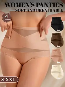4-Pack High-Waisted Shapewear Underwear, Cross Design Slimming Tummy Control, Comfortable Skin-Friendly Fabric, S-Xxl Sizes