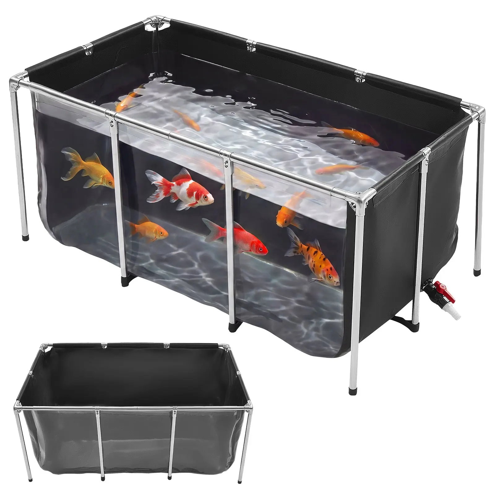 VEVOR Canvas Fish Pond 200 Gal Above Ground Fish Pond Black PVC Koi Tank, Rectangular Goldfish Tank with Clear Viewing Panel, Stainless Steel Frame and Drain Valve, for Breeding Koi and Irrigation