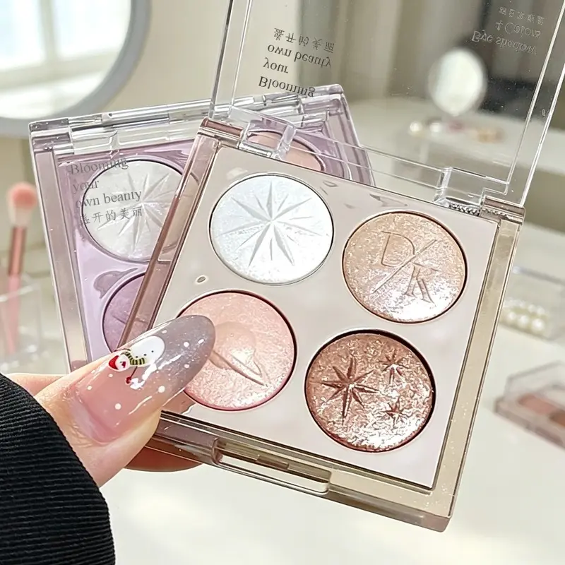 DIKALU New 4-Color Starry Eyeshadow Palette, Pink Purple & Brown Earth Tone Shades, Aurora Diamond Glitter Shimmer Highlighting Eyeshadow
