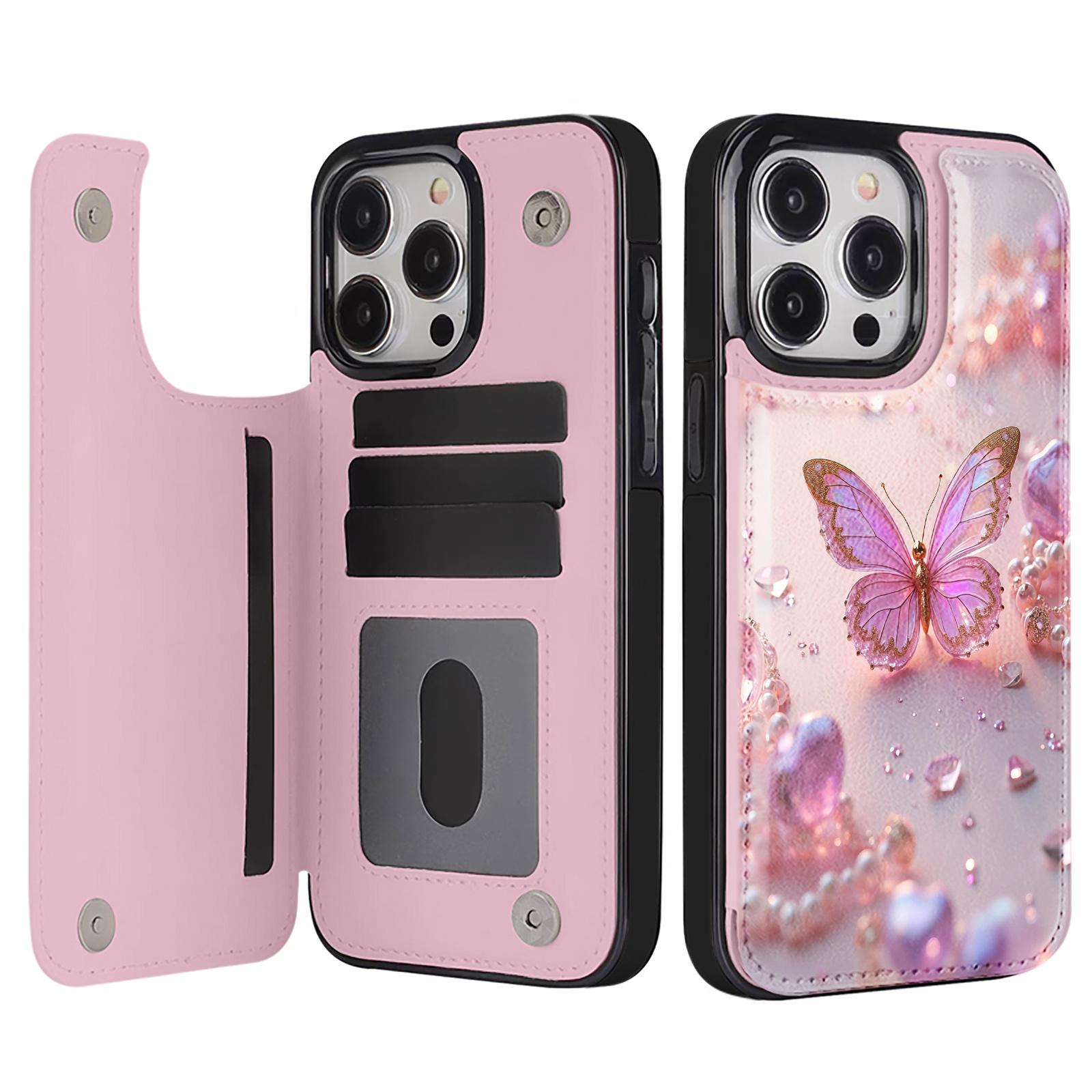 Beautiful Pink Butterfly Jewelry Design Pattern Leather Card Holder Phone Case,for iPhone 17 16 15 14 13 12 11 Pro ProMax Plus  Air series , Samsung Galaxy S25 ULTRA FE Plus S22 S23 FE S24 Plus,Pumpkin,Drink,Note11Pro