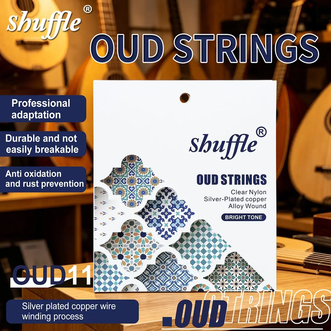 Ishuffle Oud1111 Ukelele String Set, Nylon Core + Silver Color Copper Wrap + PU Coating, Durable & High-Quality Guitar Strings