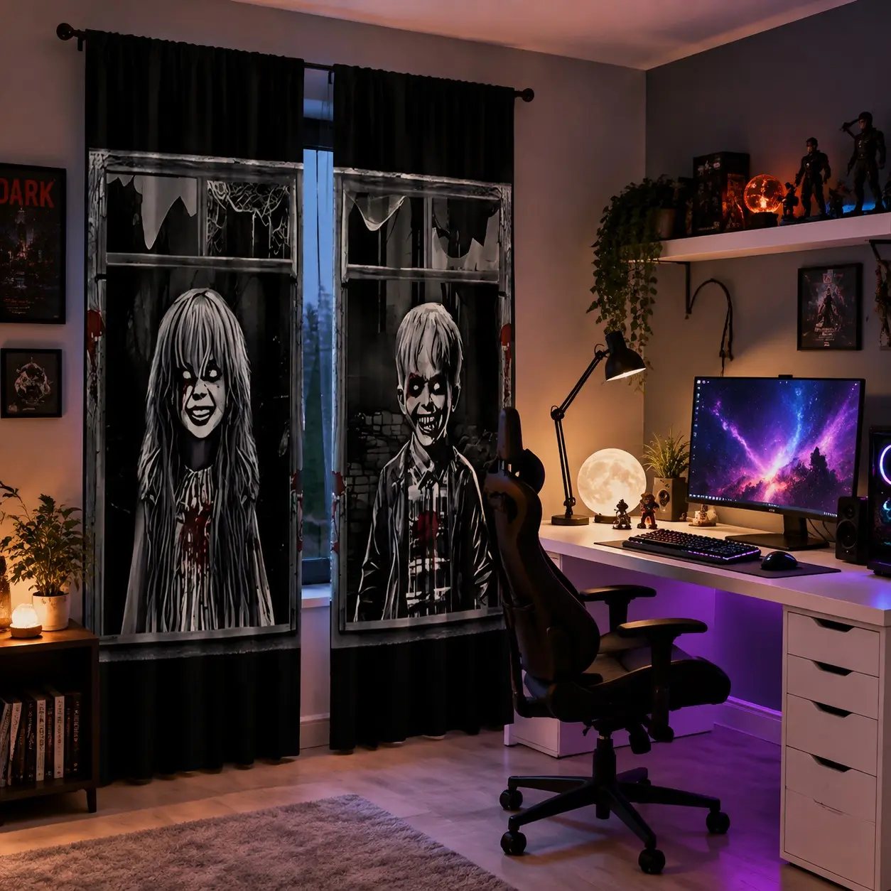 2 pieces of dark horror Halloween-themed printed curtains, rod bag curtains, high-definition digital zombie illusion break-window horror print, washable by hand and machine, hookless, suitable for living room, bedroom party and home decoration.
