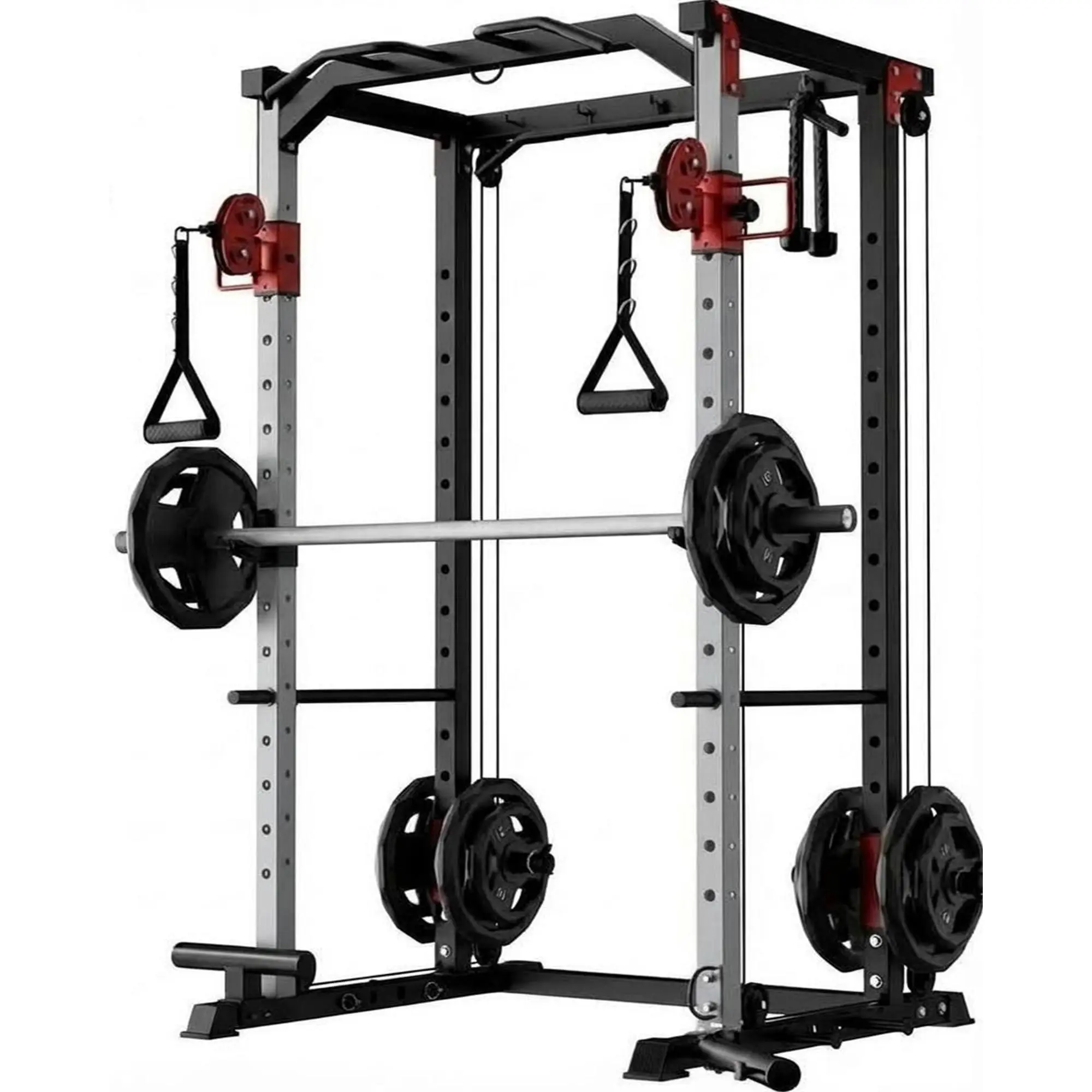 Power Cage, Multi-Functional Power Racks for Home Gym with Dual Pulley Systems, 1200 LBS Weight Capacity Fitness Squat Rack for Strength Workout with More Training Attachment, Red