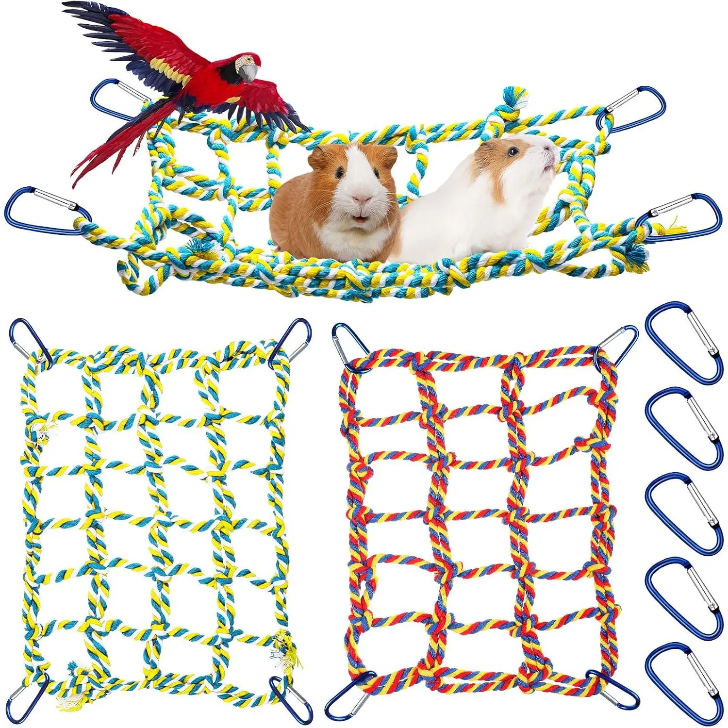 2 count Rat Cage Accessories Rat Climbing Bird Rope Toys Net   Hammock for Hamster, Mice, Parrot, Bird, Sugar Glider, Ferret, Small  Habitat Decor and Play(11 x 7.8 Inch,Red, Yellow)