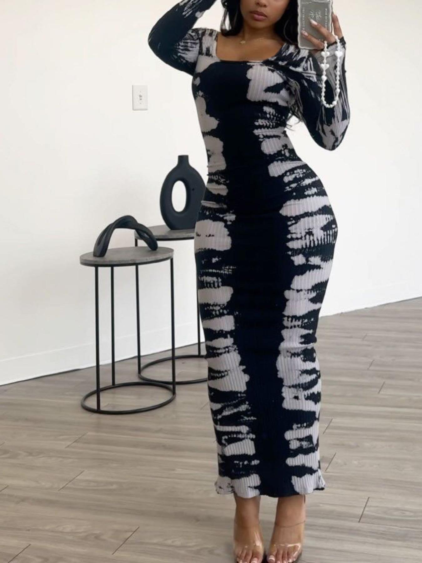 Women's U-Neck Ribbed Dress Spring New Corduroy Print Back Long Skirt, Fashion Sexy Elegant Casual Medium-Length Dress for Autumn Winter