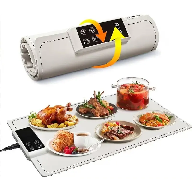 Food warming mat, made of silicone material, features temperature control and functionality. The electric heating mat uses full-surface rapid heating technology and has a foldable design, suitable for buffet parties and kitchen countertops