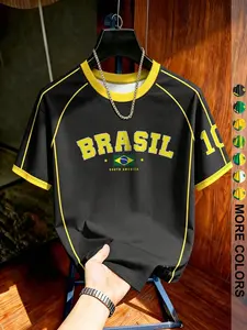 Men's Brazilian Print Tropical T-Shirt, Casual Short Sleeve Jersey, Comfortable Loose-Fit, Spring & Fall Fashion, Outdoor Travel Party