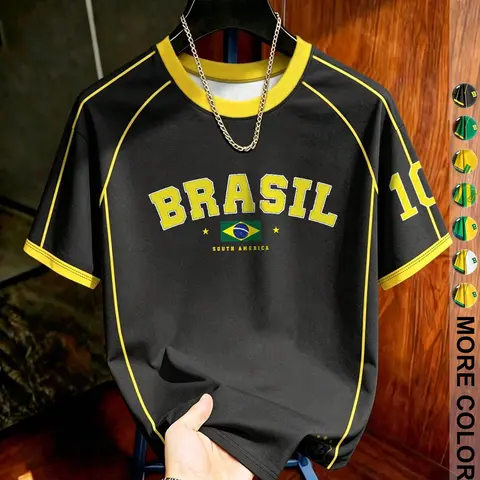 Men's Brazilian Print Tropical T-Shirt, Streetwear, Casual Short Sleeve Jersey, Comfortable Loose-Fit, Spring & Fall Fashion, Outdoor Travel Party Casual Tee