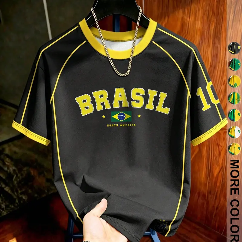Men's Brazilian Print Tropical T-Shirt, Streetwear, Casual Short Sleeve Jersey, Comfortable Loose-Fit, Spring & Fall Fashion, Outdoor Travel Party Casual Tee