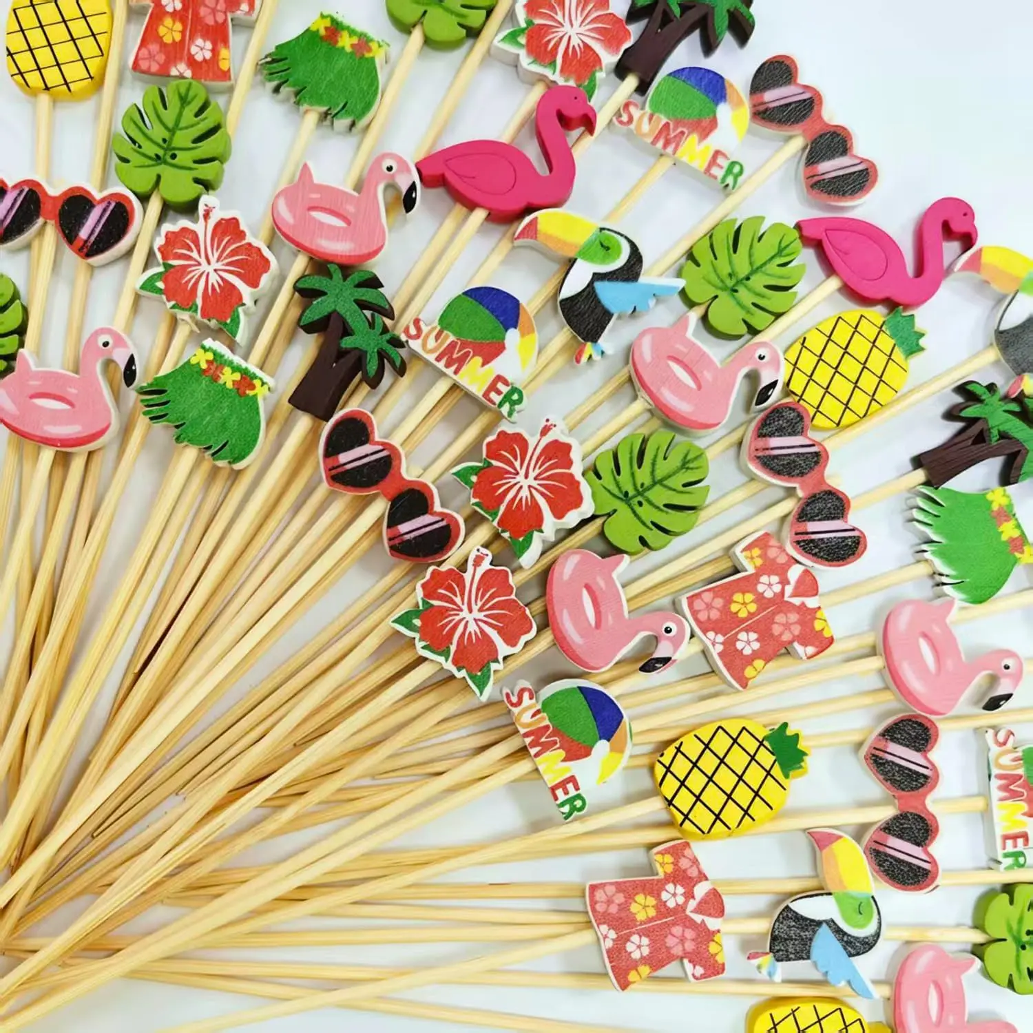 100 count Tropical  Picks  Luau Hawaiian Summer Party Decor | 10 Patterns,,Fruit Drink Appetizer Skewers,Cupcake toppers