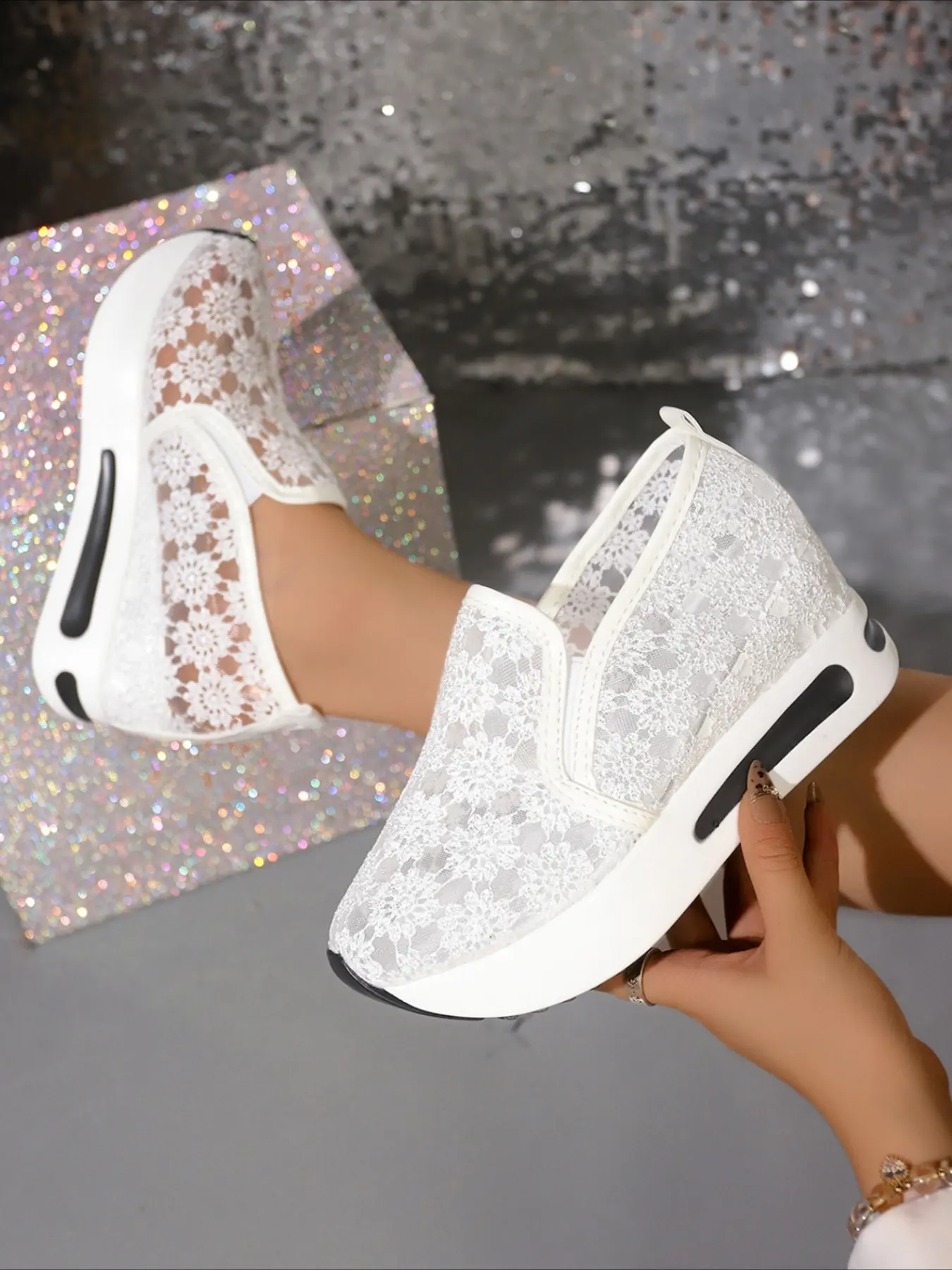 Lace mesh slip-on wedge sneakers air cushion platform lightweight fashion breathable casual women walking shoes multiple colors