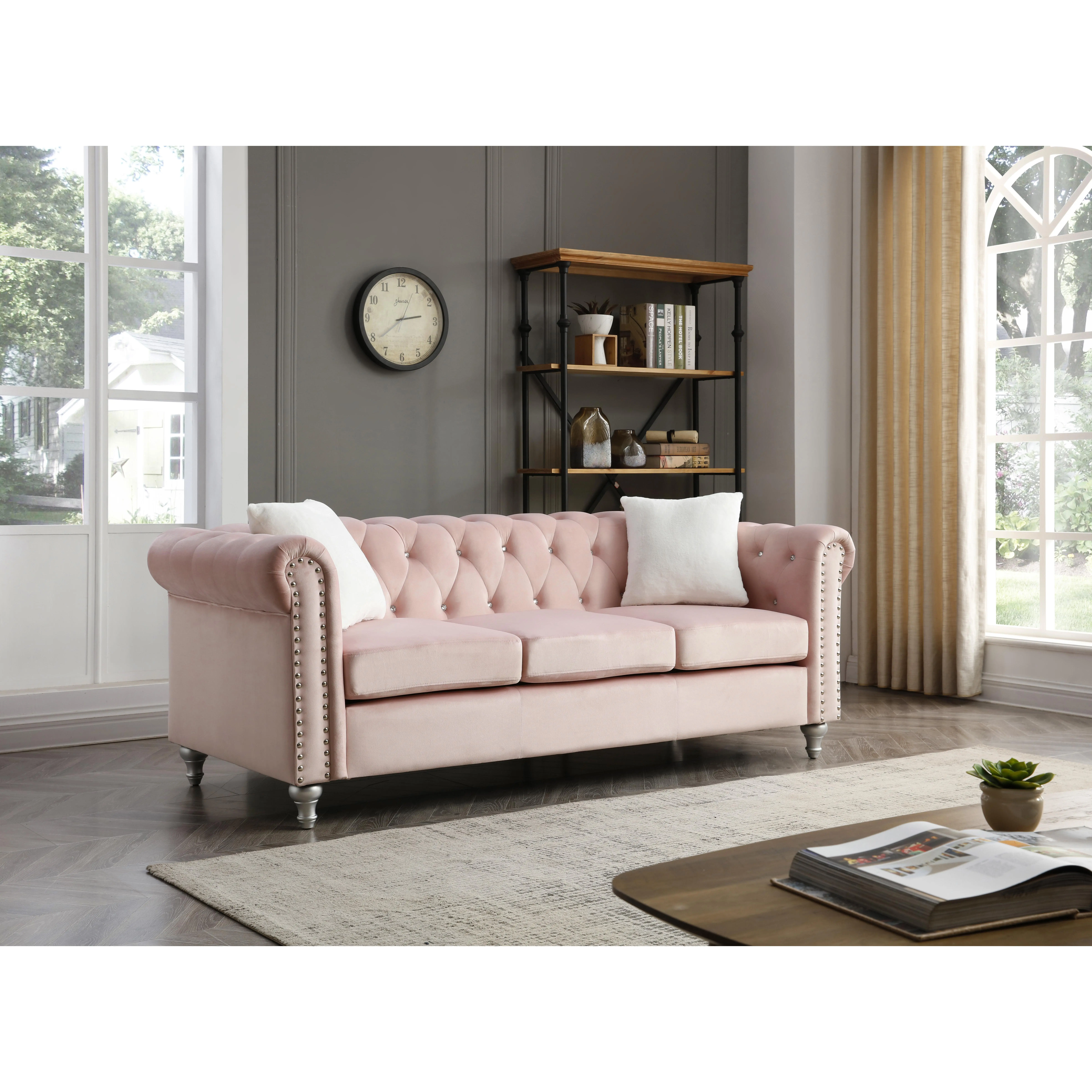Nokaa Raisa 3-Seat Velvet Sofa, Pink Living Room Couch with Tufted Design, Nailhead Trim, and Throw Pillows for Apartment or Home