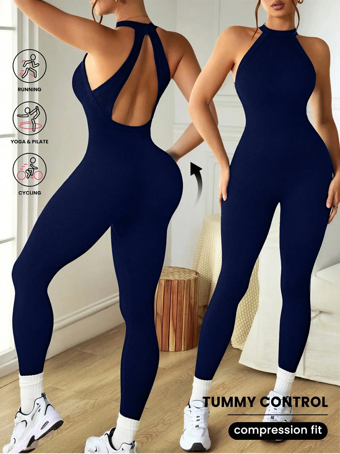 Women's Seamless Ribbed Sports Jumpsuit, Halter Backless Yoga Jumpsuit, Fitness Tight Training Jumpsuit, Gym, Casual, Home, Running