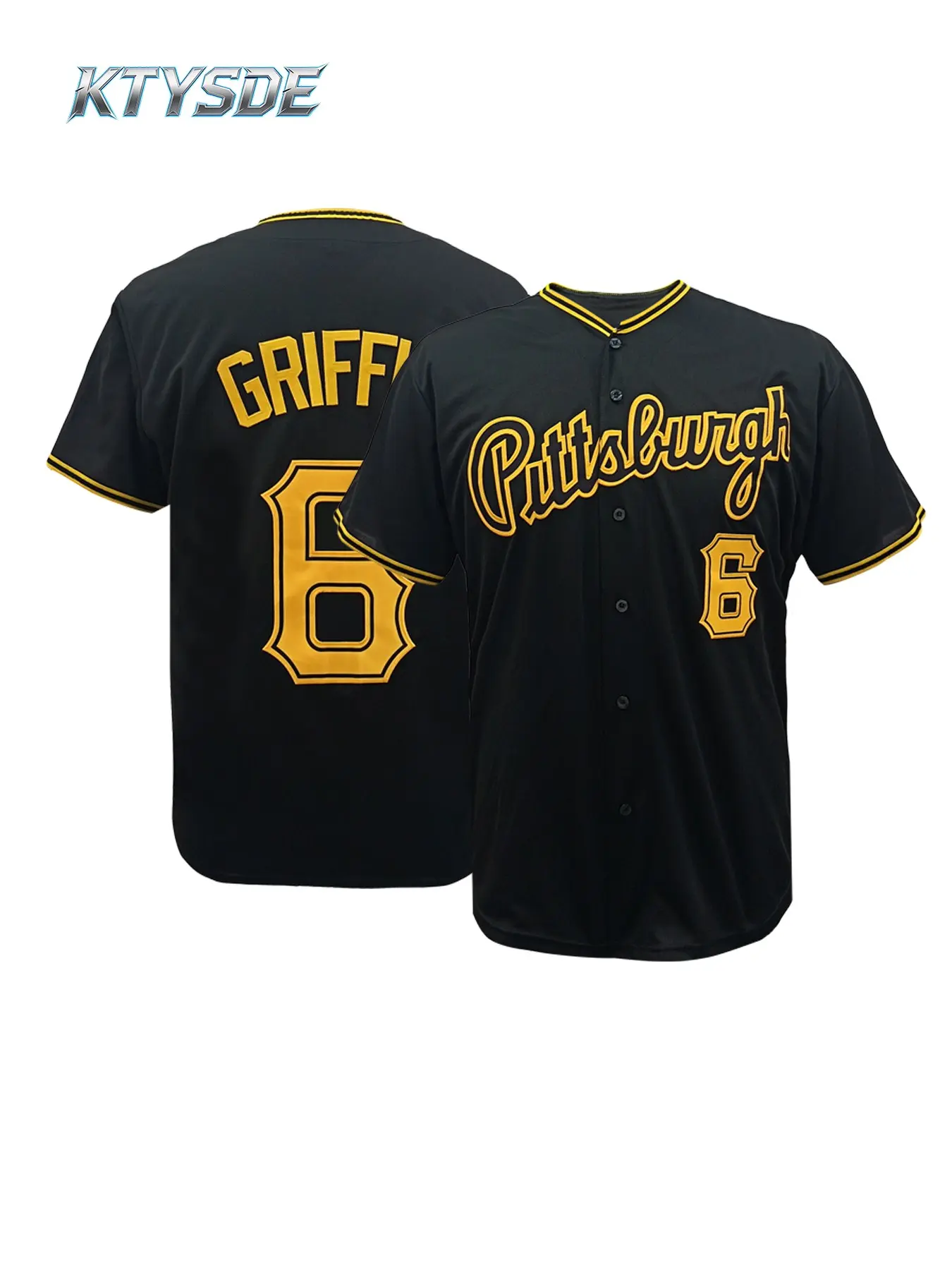 KTYSDE Pittsburgh 6 Black Casual Baseball Jersey, Unisex Stitched Button-Down Uniform, Breathable Comfortable Sports Streetwear Fan Shirt, Embroidery Sportswear