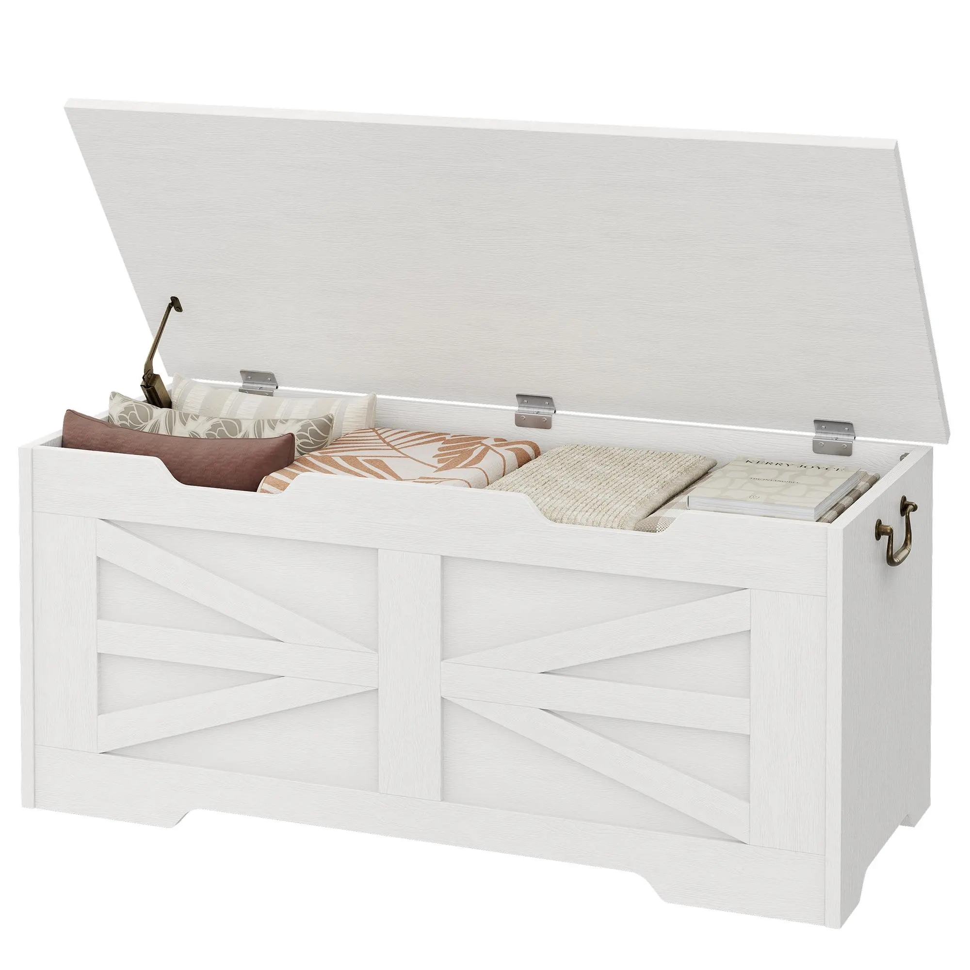 【GAOMON】Wooden Storage Bench with Rattan, Toy Box Organizer for Kids Room Entryway, Safety Hinge Lid, 350lbs Weight Capacity, Rustic Brown/White, Easy Assembly