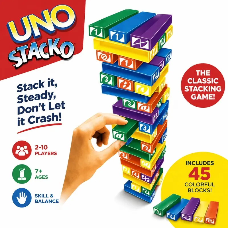 UNO Stacko Mattel Classic Stacking Tower Board Game, Interactive Balancing Block Game for Family Parties, Kids and Adults