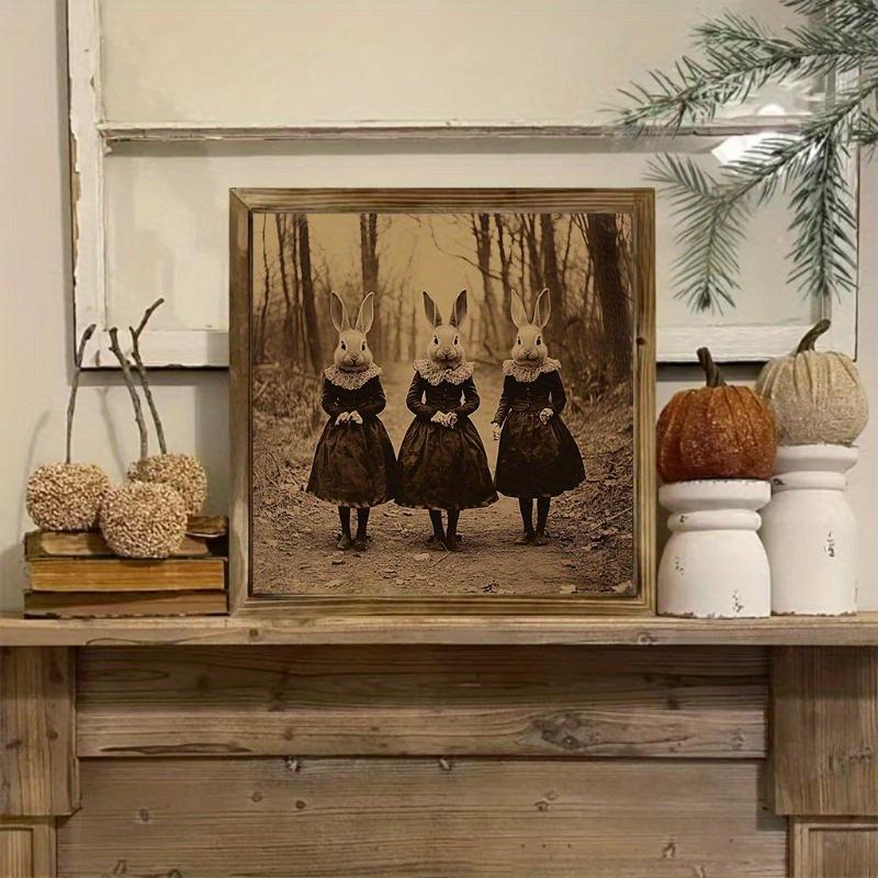 8" x 8" Vintage Victorian Rabbit Women Wood Wall Art - Farmhouse Style Signage with Golden-Toned Frame, Dark Brown Rabbit Painting for Living Room, Bedroom, Bathroom, Office Decor - Rustic Home Decoration & Holiday Gift Idea