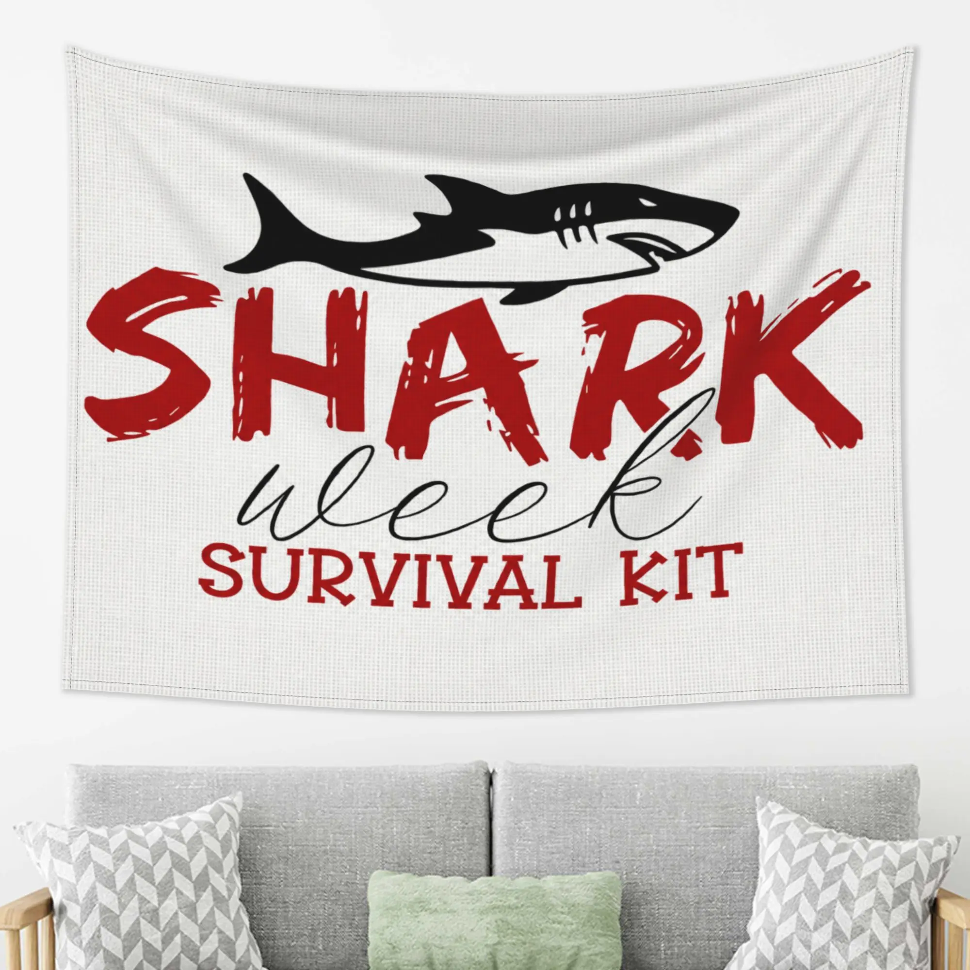 Shark Week Survival Kit Wall Hanging Tapestry, Funny Great White Shark Art Backdrop for Living Room Bedroom Dorm, Cool Ocean Animal Themed Wall Decor for Shark Lovers Party Supplies
