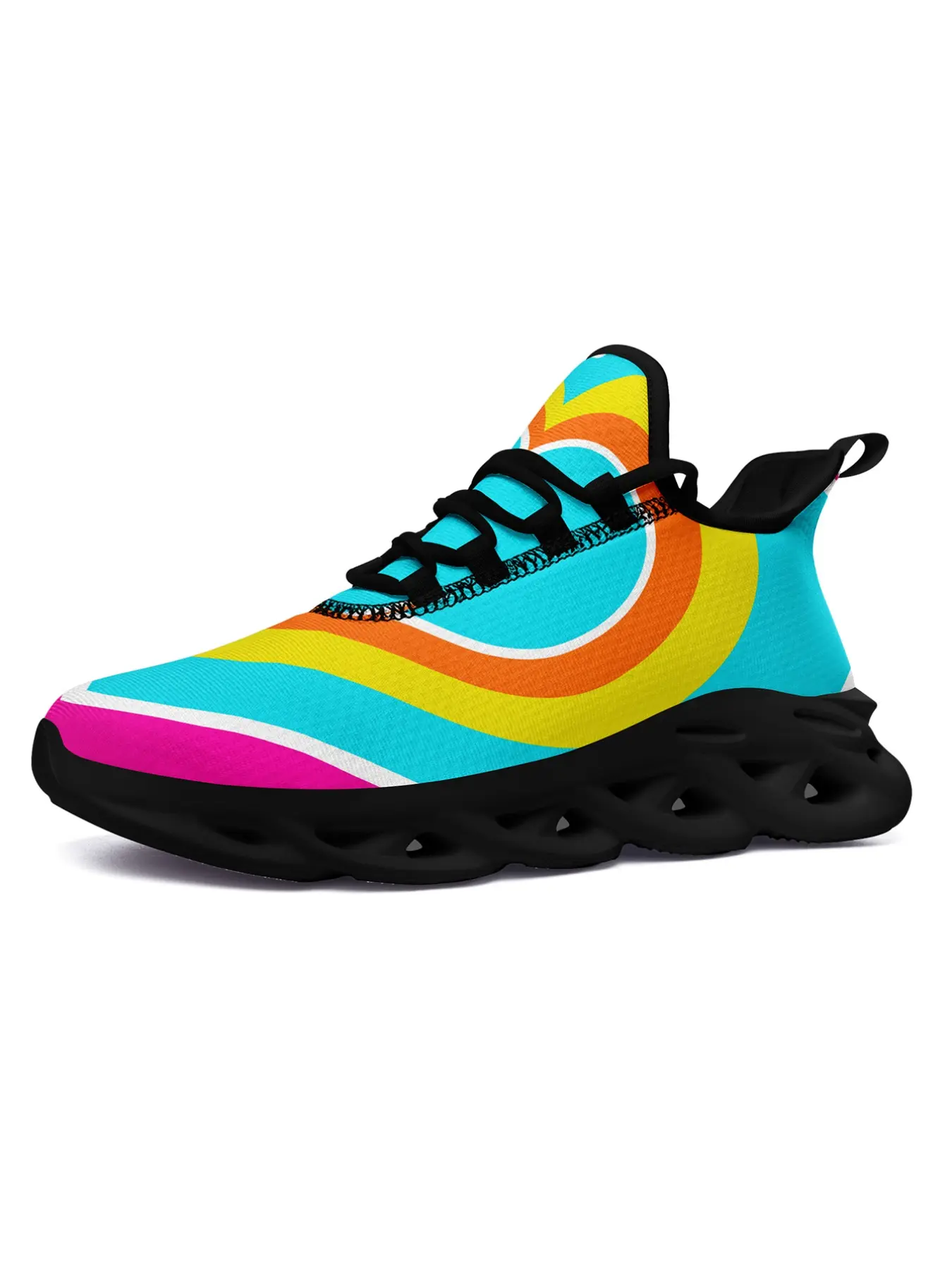 Men's Tropical Romance Shoes, Vibrant Cyan Orange Yellow Pink Wave Stripes Pattern Lightweight Knit Casual Athletic Daily Sneakers