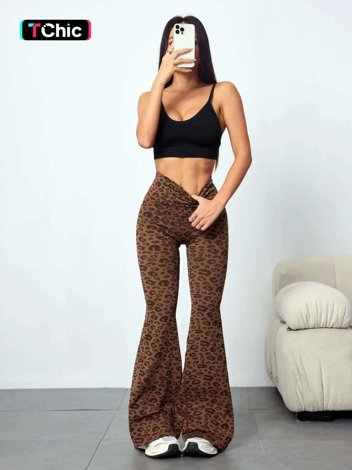 Women's Leopard Print Seamless Knit Flared Pants, High Waist Butt Lifting Yoga Training Pants, Sporty Fashion Casual Wear