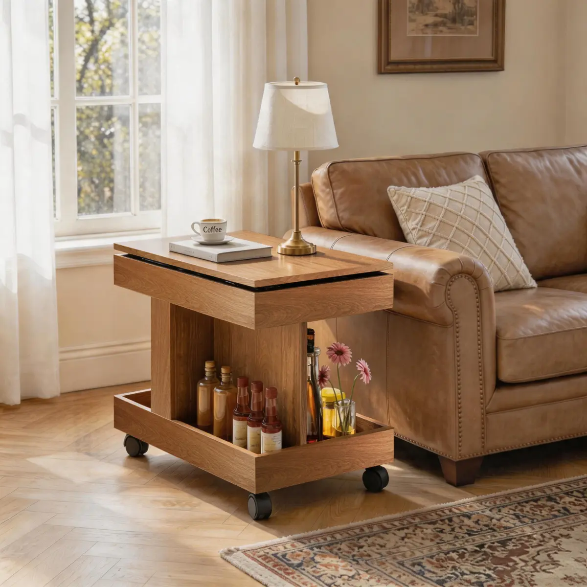 360° Rotatable Wood Frame Coffee Table with Small Wheels, Multi-Functional Side Table with Storage Compartment, Adjustable Natural Desk for Living Room Bedroom, Rotates 360°