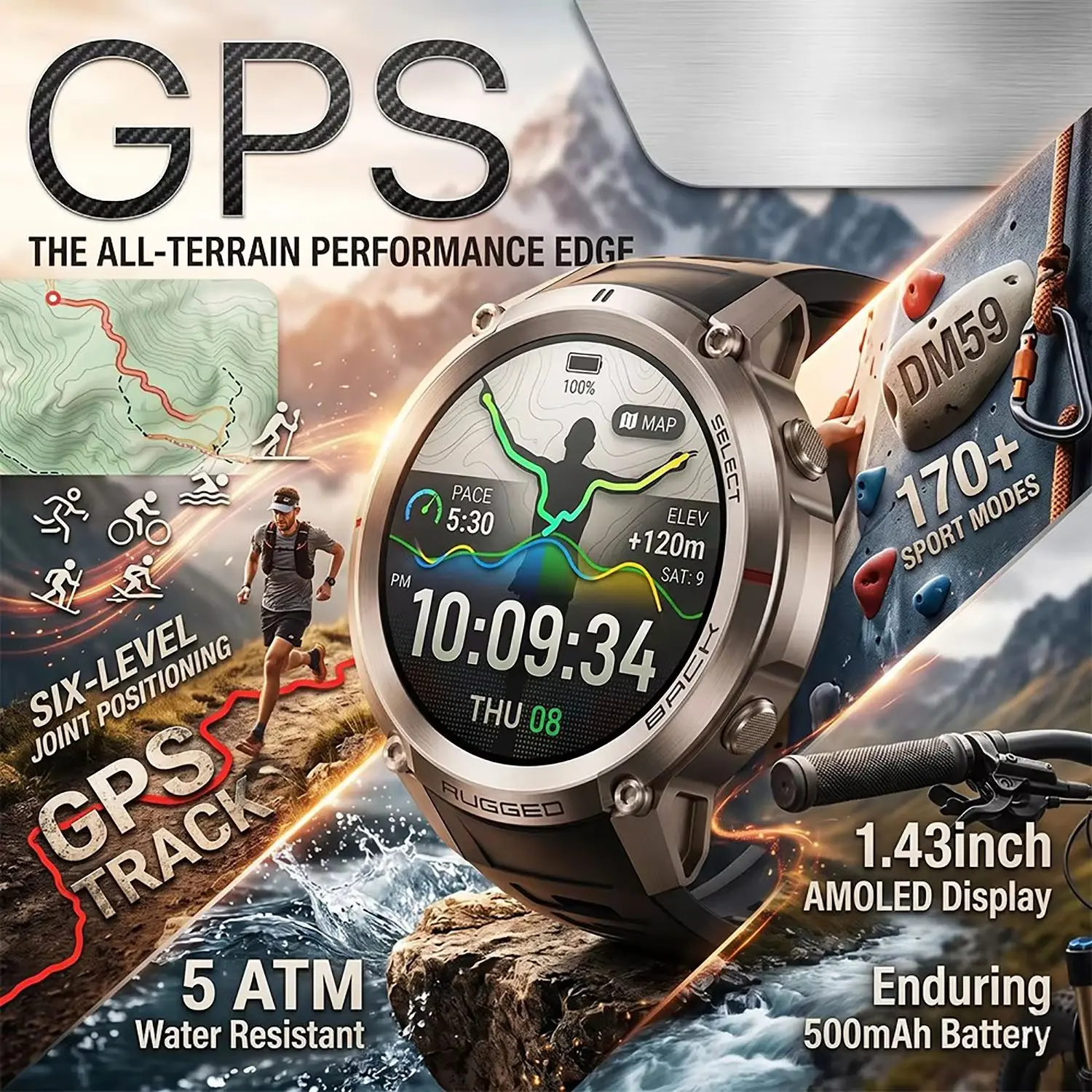 GPS Smart Watch Rugged Military 500 mAh BT Call Fitness Tracker 5ATM Waterproof Health Monitor For Android iOS Smartwatches