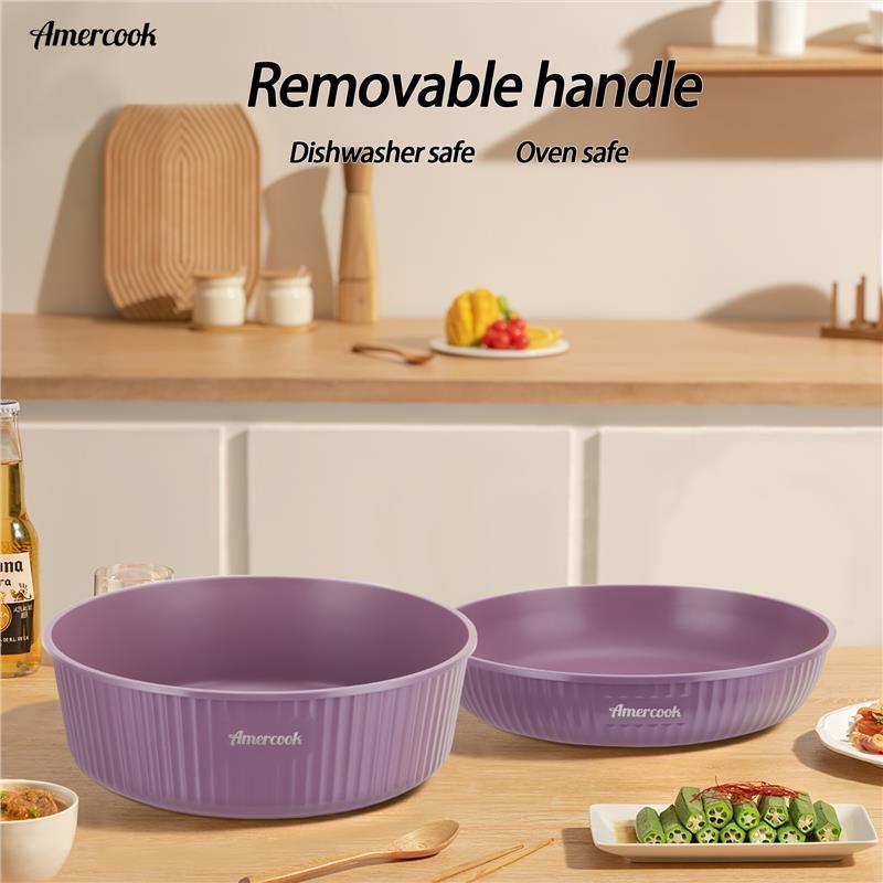 10pc Pots And Pans Set, Amercook Purple, Non-Stick Kitchen Cookware Set With Removable Handles, Aluminum, Dishwasher Oven Safe, Includes, Deep Frying Pan, Skillet, Stock Pot, Silicone Spatula With Lid, PFOA-Free, Works With All Kitchen