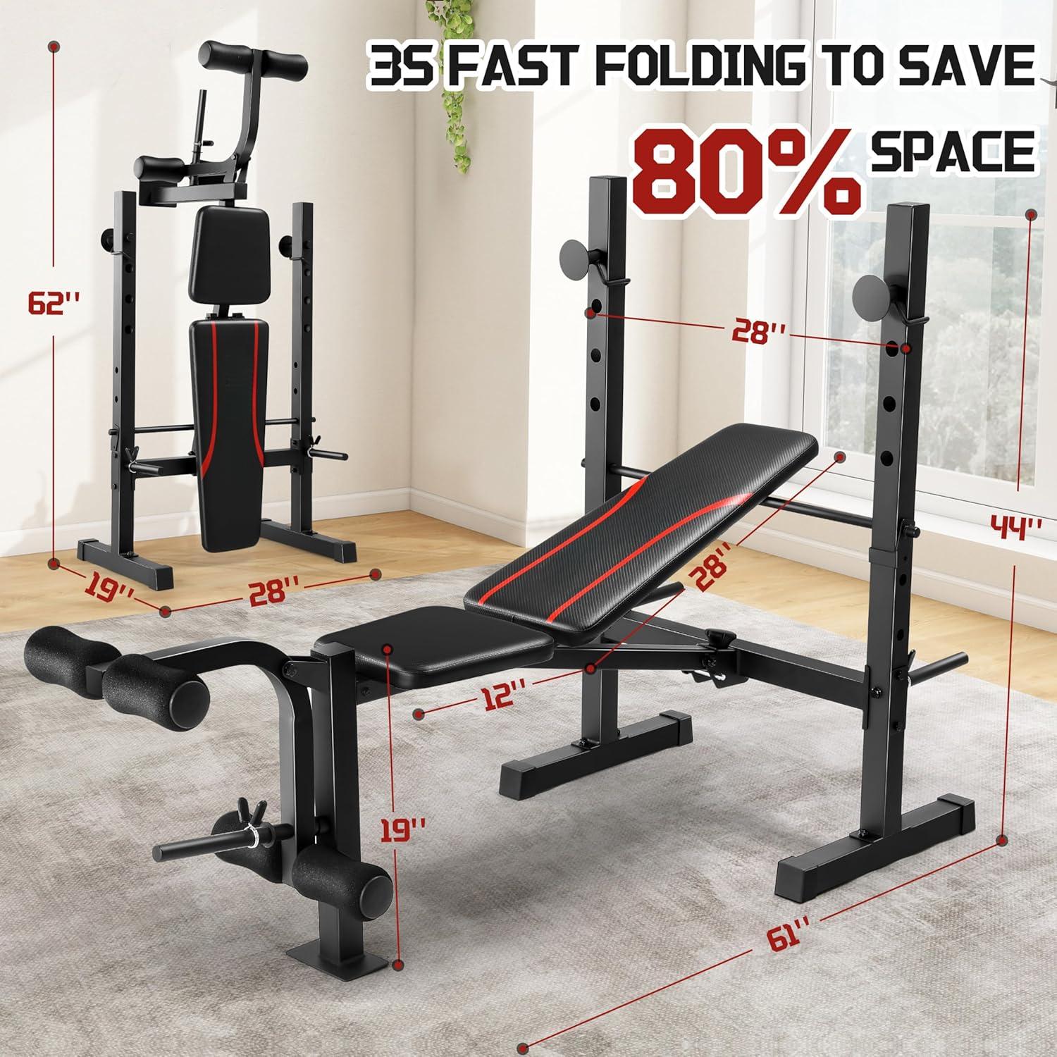 Multi-Function Weight Bench Set with Squat Rack Leg Extension & Leg Curl Adjustable Workout Bench for Full Body Fitness Foldable Flat/Incline/Decline Upgrade Bench Press for Home Gym