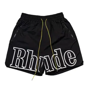 Large Letter Print Black Athletic Shorts Men Zip Pocket Drawstring Elastic Waist Oversized Y2K Streetwear Hip Hop Casual Sports Summer Track Shorts Trendy Bottom