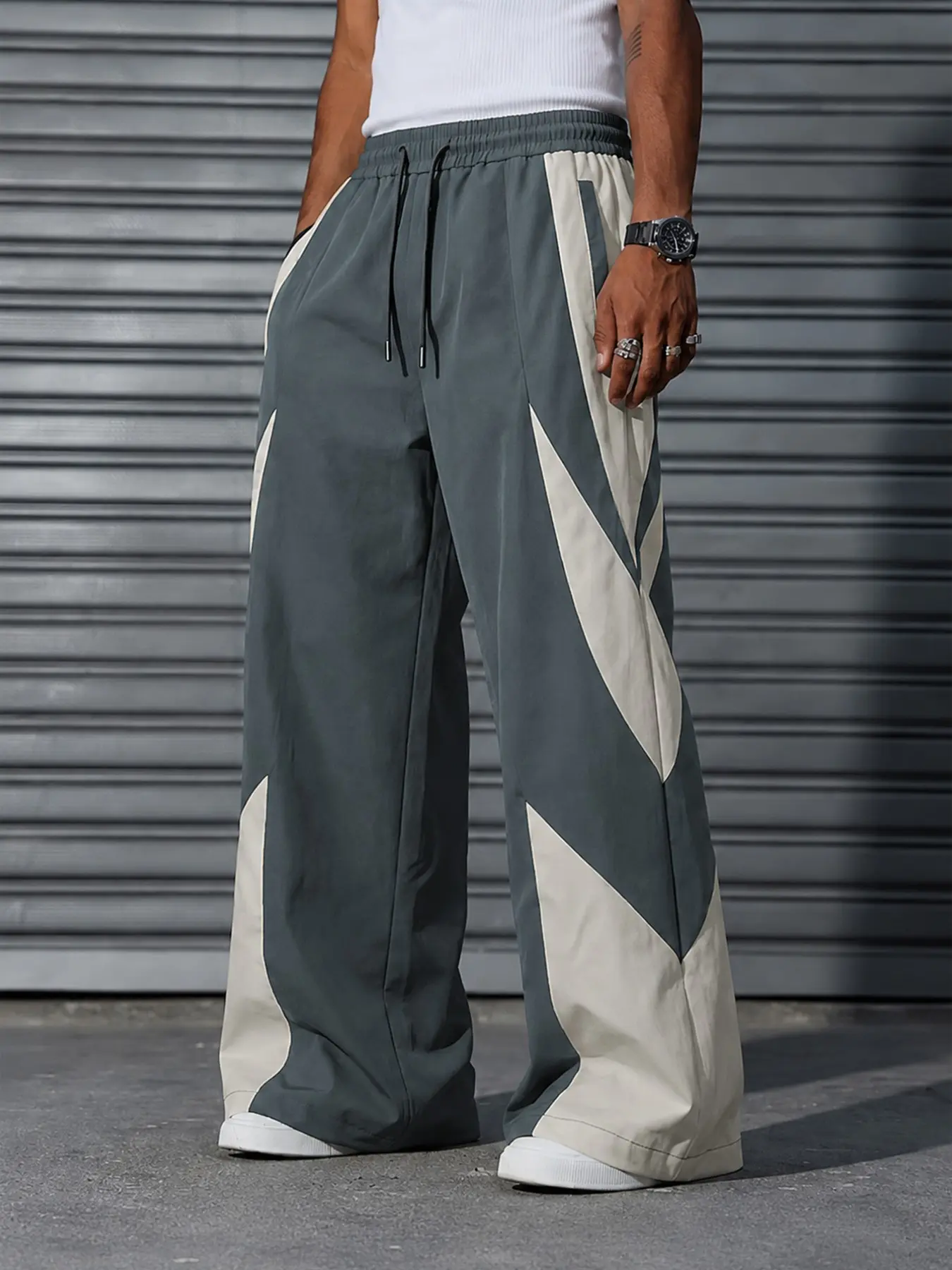 Men's Sporty Long Pants, Activewear Pants, Drawstring Waist, Casual Straight Leg, Practical Pockets, Colorblock Design, All-Season, Comfortable Daily Wear