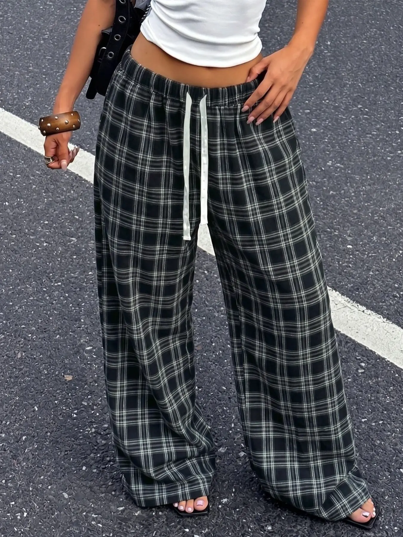 Women's Plaid Wide Leg Pants, Drawstring High Waist Loose Fit Casual Check Long Pants, Commuter Style Long Trousers