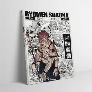 Classic Ryomen Sukuna King of Curses Framed Canvas Wall Art for Adult Fans, Mid-century Modern Black Flash Manga Wall, Y2K Y3K Aesthetic Room Decor, 1980s Retro Cinematic Poster for Otaku Boys Gen Z