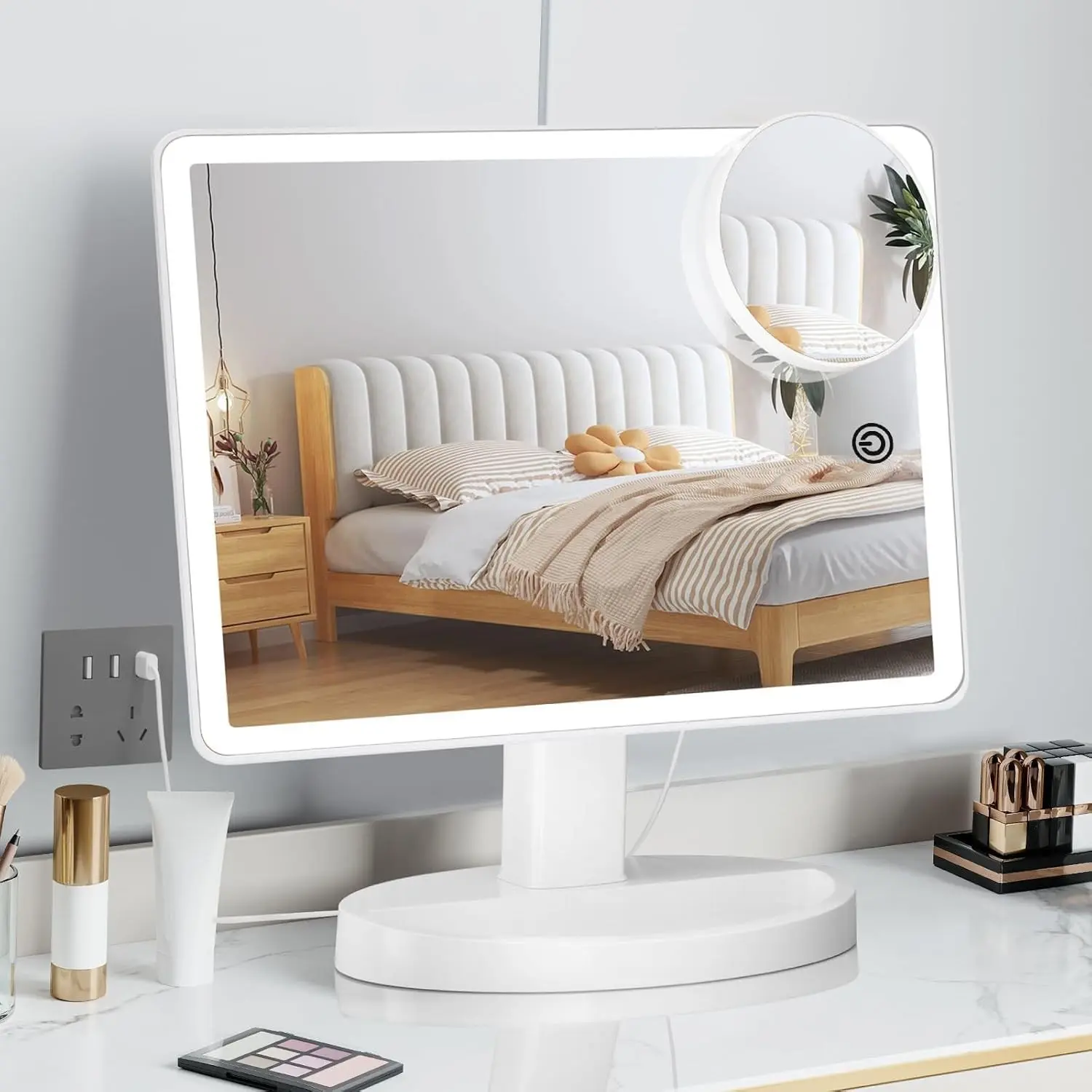 Large Lighted Vanity Makeup Mirror with 88 LED, 360 Rotation Touch Screen, 10X Magnification Portable Tabletop Cosmetic Make Up Mirror