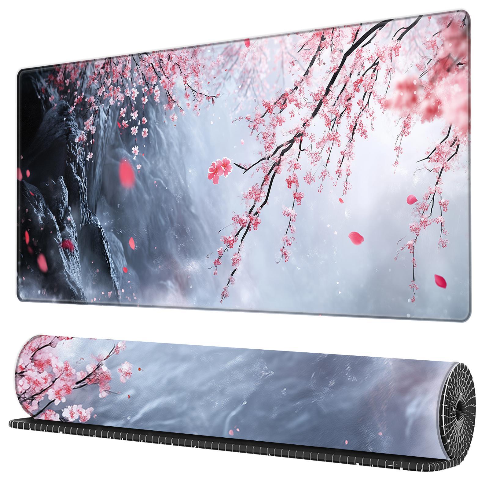 Cherry Blossom Pattern Mouse Pad, 1 Count Extended Large Gaming Mouse Pad, Non-slip Rubber Base Big Keyboard Mat with Stitched Edges for Home Office Gaming Desk Pad