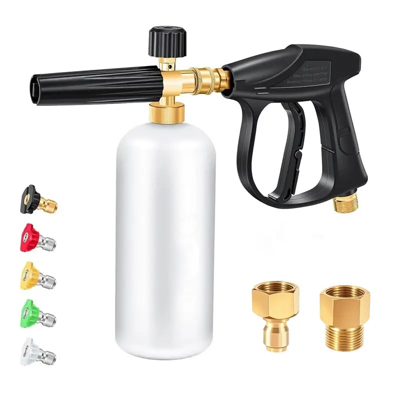 Short Pressure Washer Gun with Foam Cannon, M22-14 to M22-15 and M22 to 3/8 Inch Connector, with 5 Pressure Washer Nozzles, Car Wash Tool, Sprayer Foam Lance, Car Wash Accessories