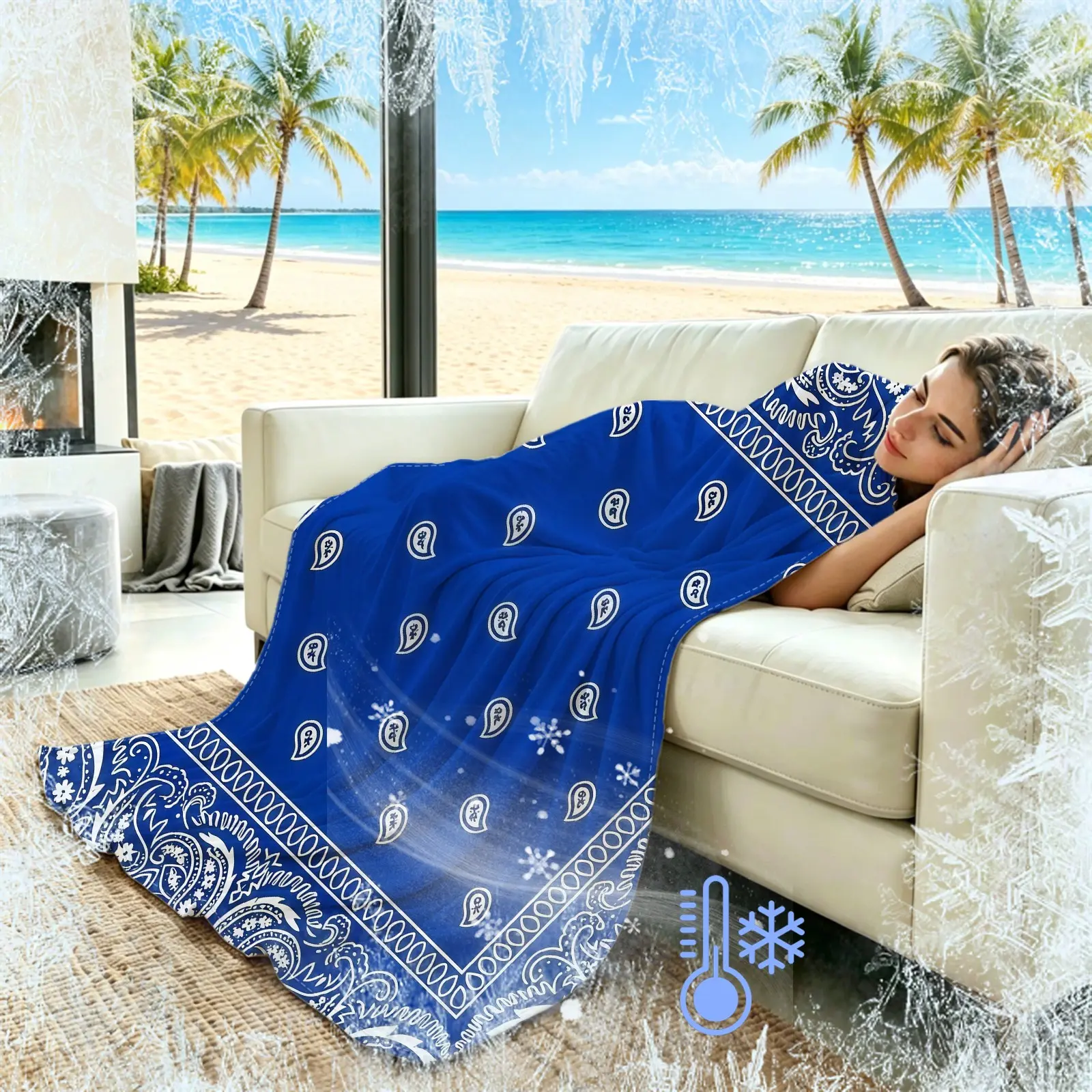 Classic Black Base White Paisley Bandana Art Print Summer Blanket, Q-MAX>0.3 Cooling Breathable Sweat-wicking Skin-friendly, For American Vintage Decor Enthusiasts, Multi-use Blanket For Bedroom Sofa & Lunch Break, Throw Blanket For Couch