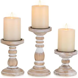 3Pcs Rustic White Distressed Wooden Pillar Candle Holders Large Farmhouse Rustic Candle Holder for Pillar Candles for Fireplace Table Decor