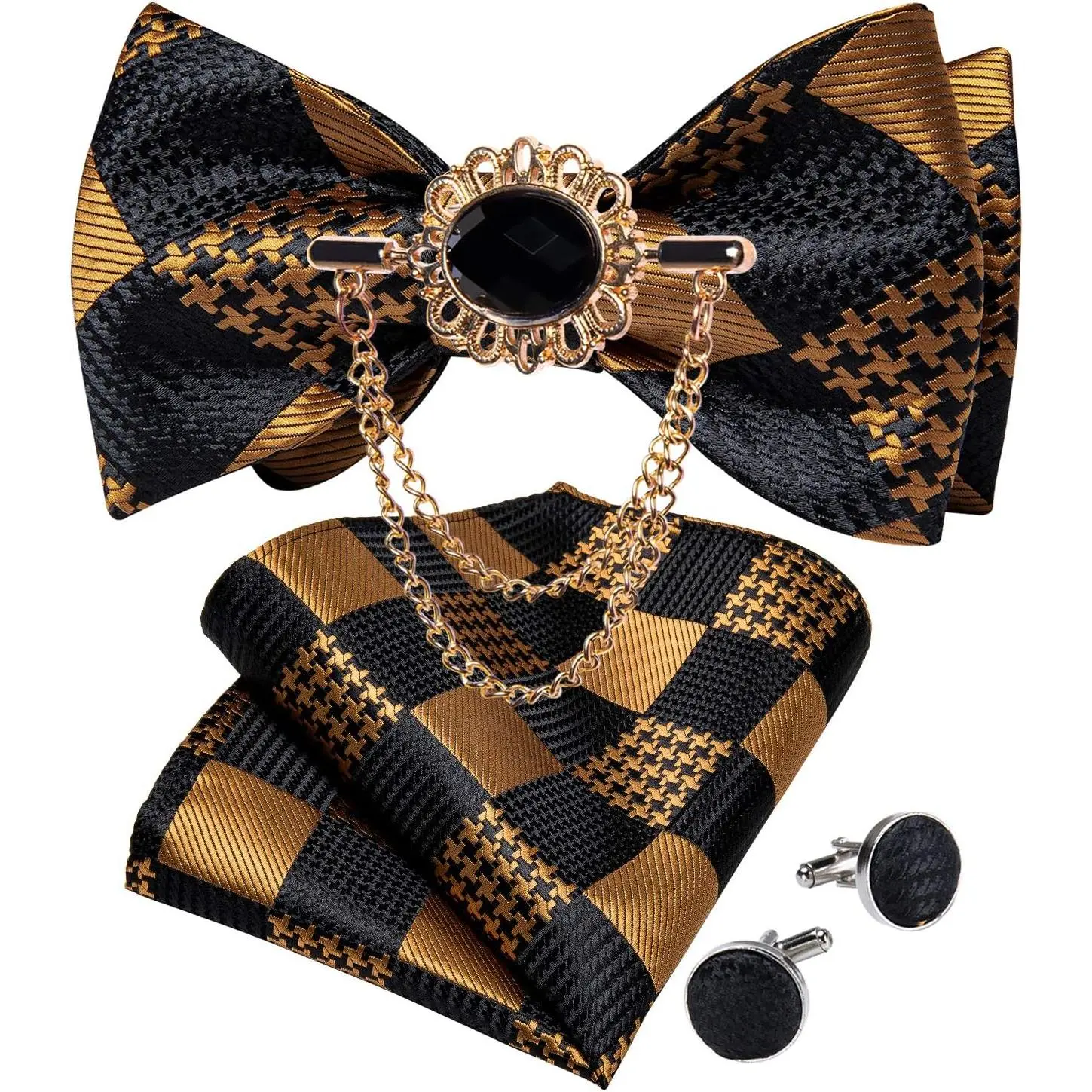 Black Gold Bow Ties for Men Self Tie Bow Tie and Lapel Pin Set Formal Business Wedding Plaid Bowtie