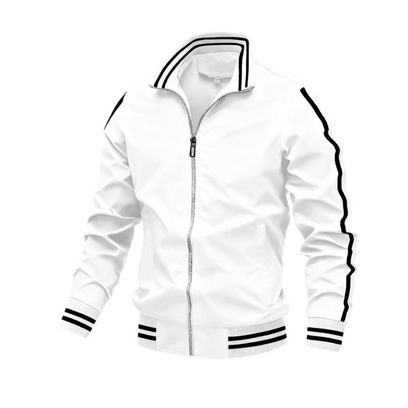 Men's Sporty Zip-Up Jacket with Stand Collar Stripe Accents Full-Zip Woven Shell Practical Side Pockets Ribbed Cuffs Hem