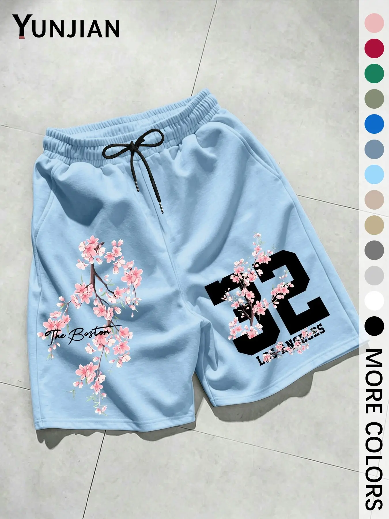 Men's Japanese Cherry Blossom Graphic Shorts, Light Blue Street Style Drawstring Waist, Casual Loose Fit Summer Pants