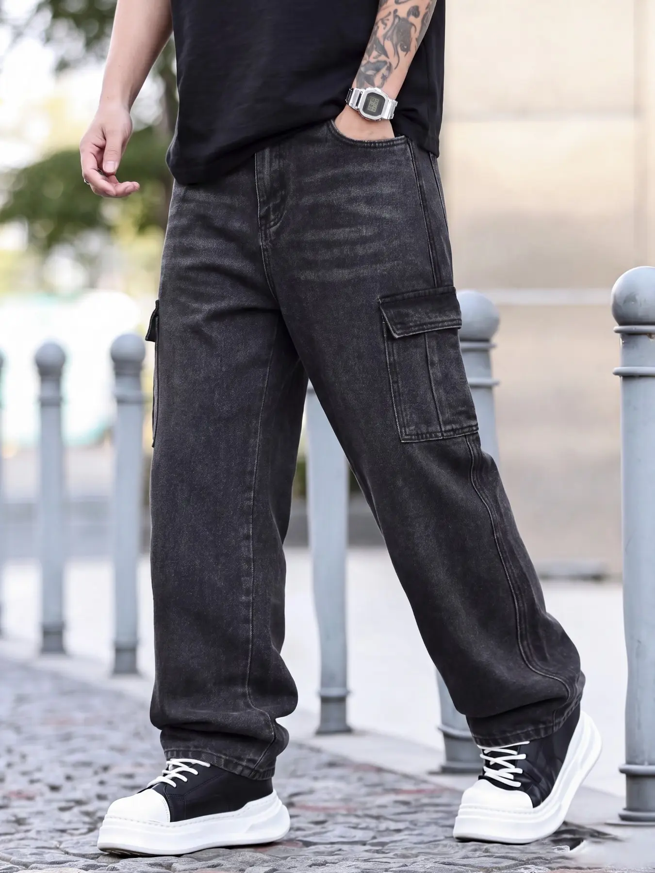 Men's American Vintage Black Washed Straight Cargo Jeans, Multi-Pocket Loose Draping Straight-Leg Cargo Denim Trousers, Versatile Pants For Commuting, Camping, Streetwear & Skateboarding, Ideal Gift For Husband And Boyfriend