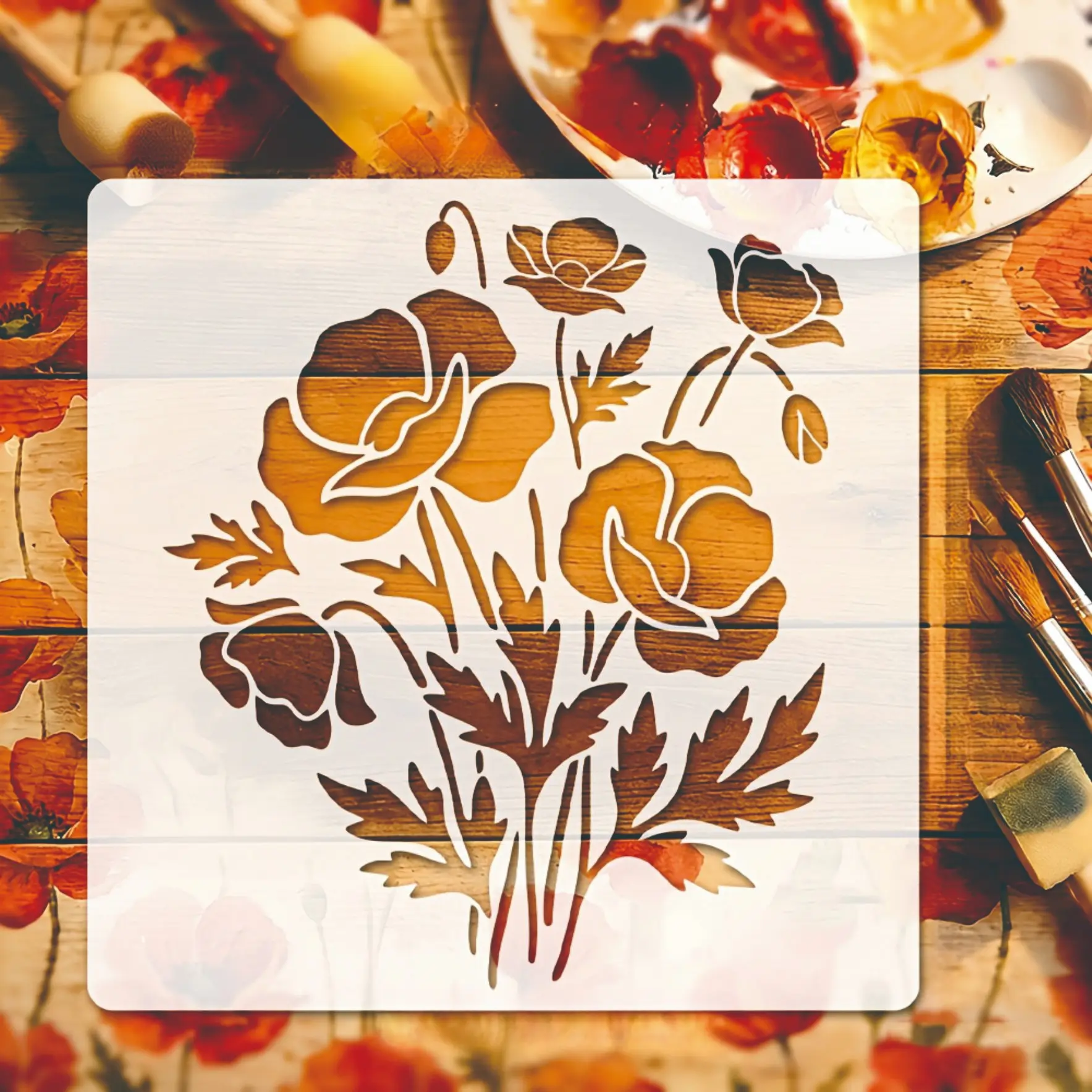 Bohemian Style Floral Template, Reusable Cutout Design, 20x20cm Size, Ideal for Wall Art, Canvas, Fabric, Elegant Wild Poppy Bouquet Pattern
