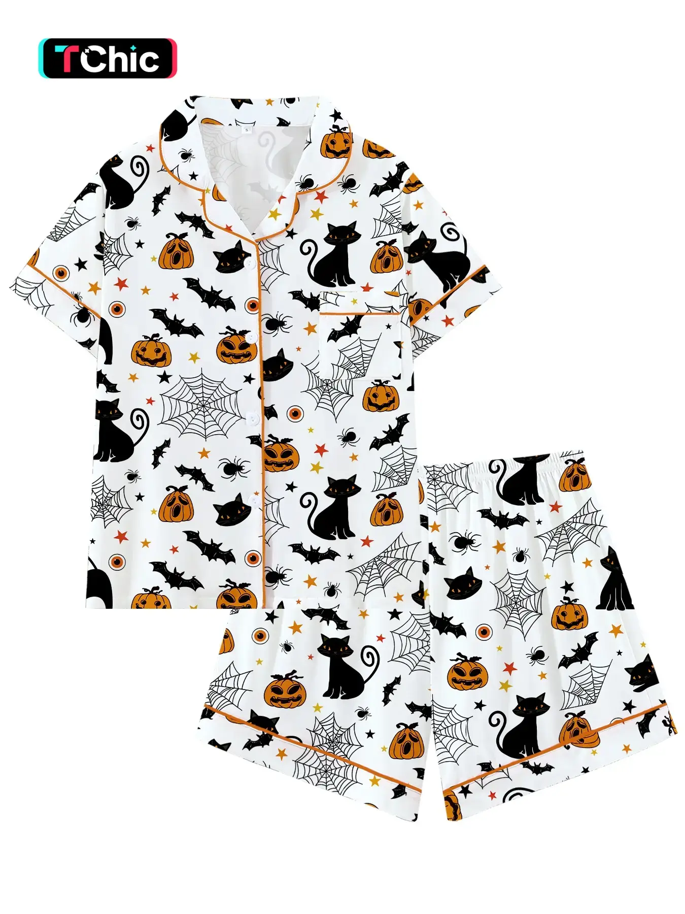 Vintage Halloween Cat Pumpkin Spider Pajama Set, Halloween Party Sleepwear, Dark Pure Desire Short Sleeve Summer Home Wear, Fun Halloween 2-Piece Pajamas, Loungewear