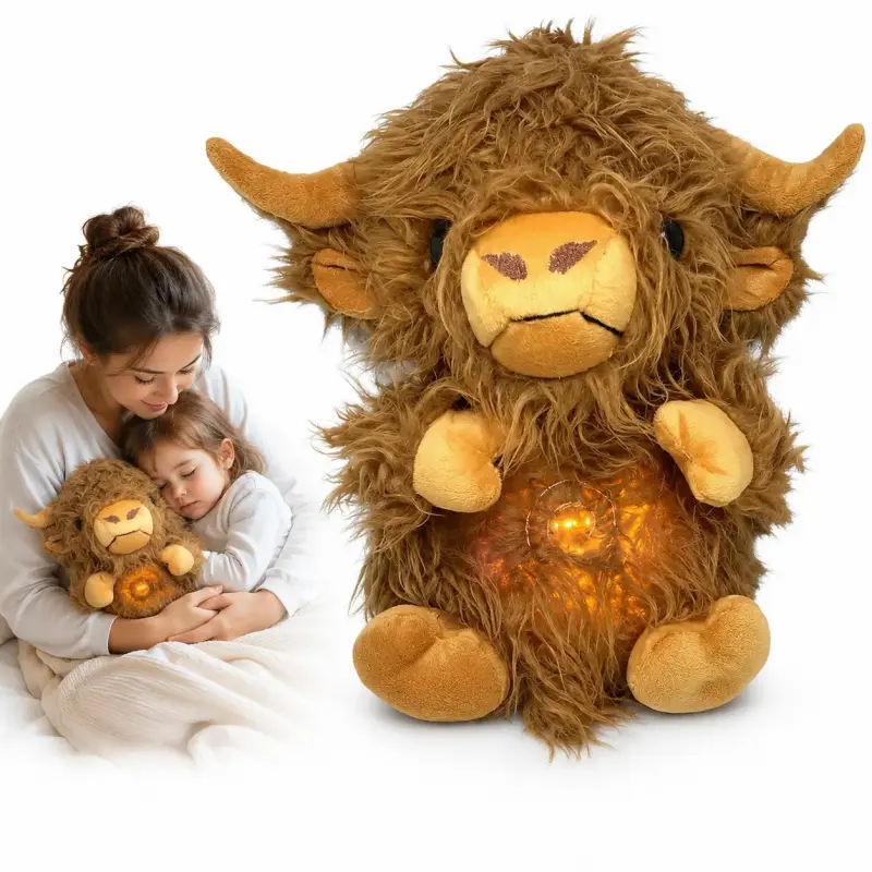 Battery-Powered Light-Up Breathing Highland Cow Plush Toy - Fluffy Brown Fur, Friendly Cow Face, Cozy Bedtime Companion, House Decoration, Dorm Corner Accent, Holiday Gift for Stuffed Animal Enthusiasts