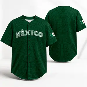 Mexico-Inspired Graphic, Unisex Baseball Jersey Shirt, Green Tonal Aztec Pattern, México Text Print, Flag Sleeve Detail,Camisa deFutbol FanJersey,clothes,outfits,men'swear,men fashion,summer menclothes,Vacation, Party Wear, Streetwear & Daily Casual Style