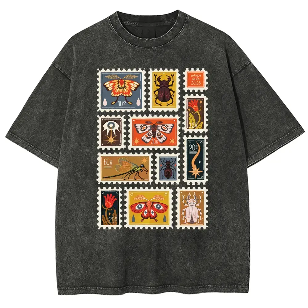 Women's Vintage Insect Stamp Graphic Apparel, Moth-Beetle-Dragonfly Print T-Shirt, Washed Loose-Fit Oversized Unisex Shortsleeve Streetwear Top, Casual, Comfy, Cotton, Lady, Everyday, Fabric, Printed, Style, Round Neck, Soft